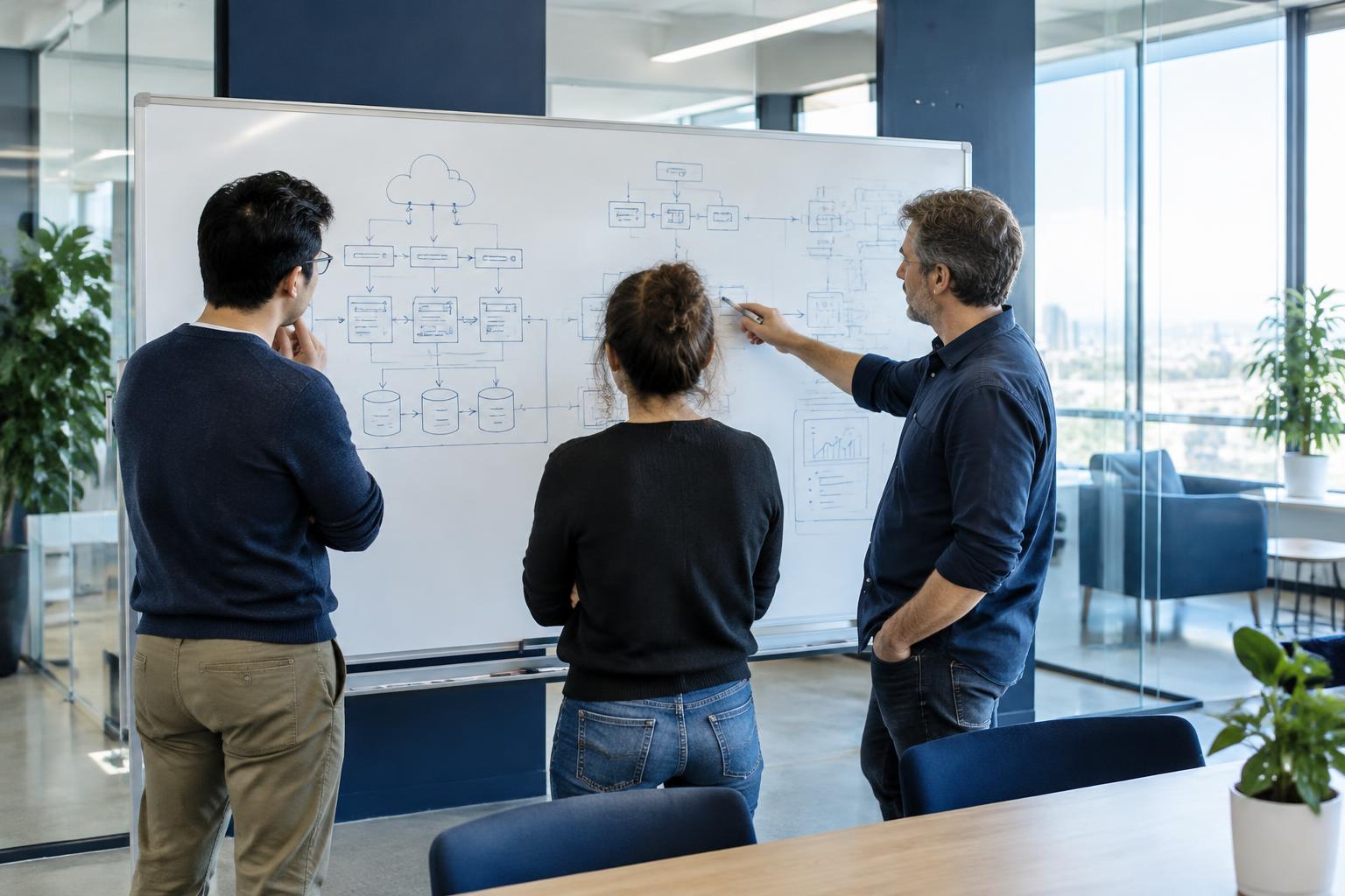 Technology professionals reviewing a physical architecture diagram